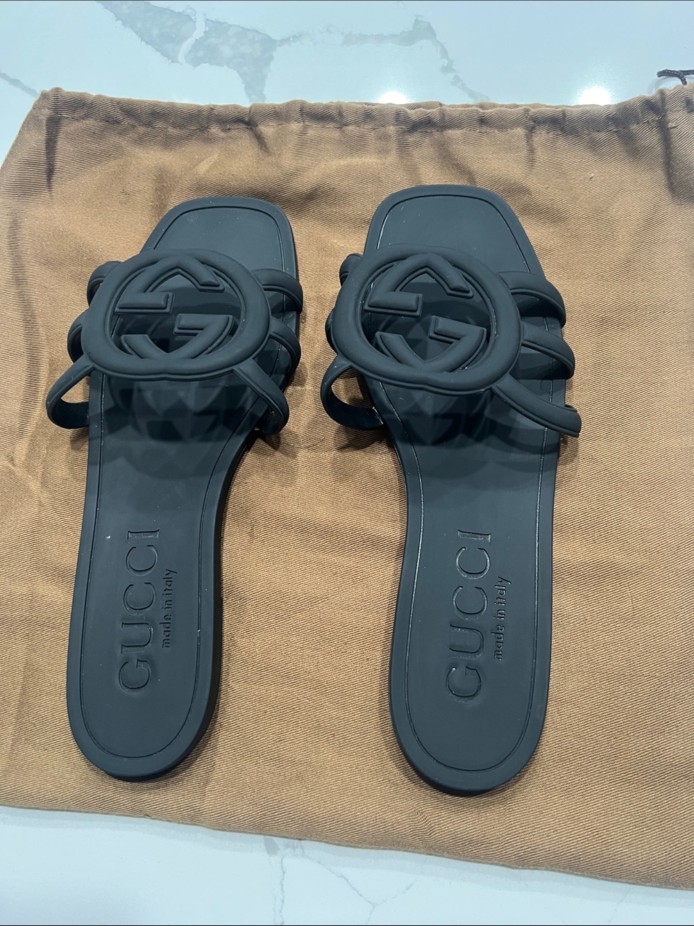 Gucci Black Rubber Interlocking GG Slide Sandals